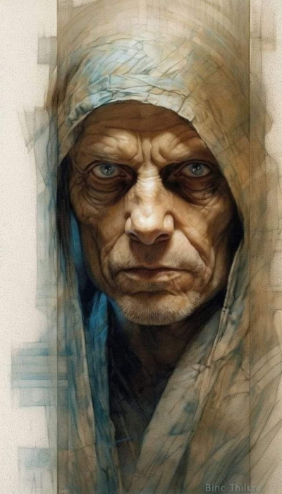 A Captivating Portrait of Wisdom: Close-up of an Elderly Figure in a Hood