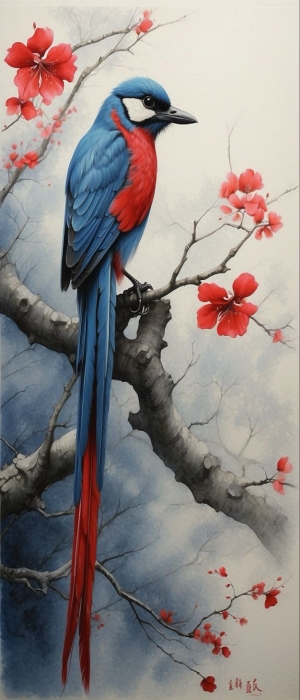 A Colorful Symphony: Blue and Red Bird Amidst Nature's Bliss