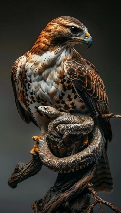 A Majestic Hawk and Its Coiled Snake Prey: A Dance of Predation