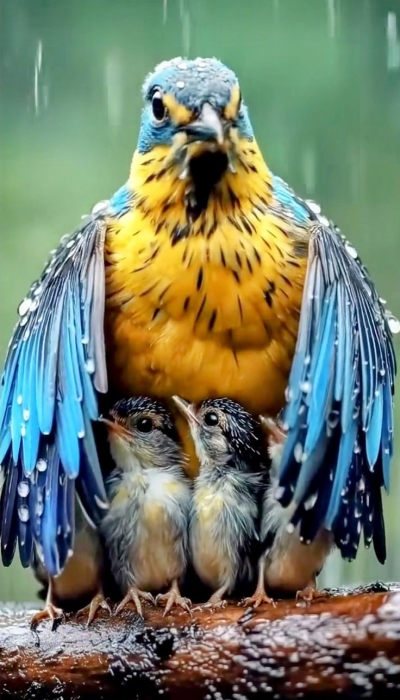 A Mother's Shelter: The Vibrant Bird Protecting her Chicks in the Rain