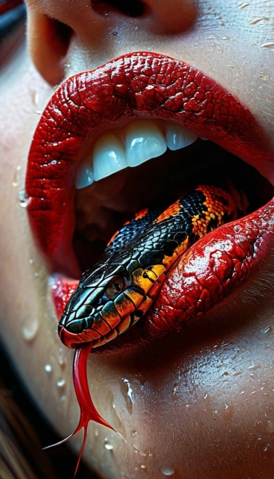 Artistic Close-Up of Glossy Red Lips with a Colorful Insect