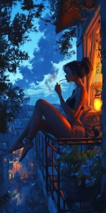 Artistic Dusk: Woman's Tranquil Moment on a Balcony
