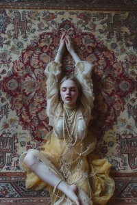 Artistic Expression: Silhouette in Yellow on Patterned Rug