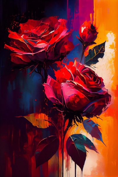Artistic Flower Puzzle: Vibrant Red Roses Merged with Colorful Background