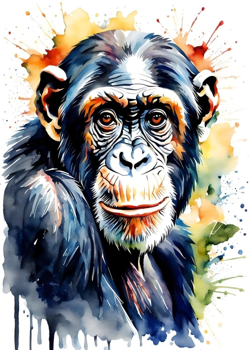 Artistic Interpretation of a Thoughtful Chimpanzee: A Watercolor Masterpiece