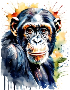 Artistic Interpretation of a Thoughtful Chimpanzee: A Watercolor Masterpiece