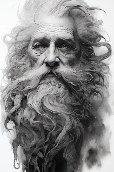 Artistic Portrait of a Wise Elderly Man: A Crossroad of Mythology and Wisdom