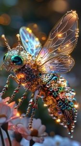 Artistic Representation of a Bedazzled Bee in a Floral Setting