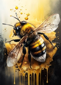 Artistic Representation of a Bee Amidst Dripping Honey - Vibrant and Textured