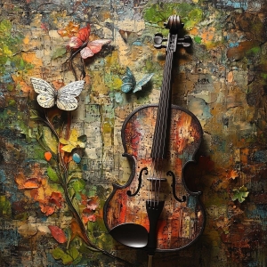 Artistic Symphony: A Violin and Butterflies in a Floral Realm