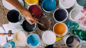 assorted-color paints, Many different paint pots