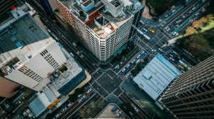 Bird's-Eye View: Skyscrapers and Urban Traffic Patterns in a Bustling City