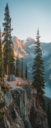Camping Adventures: Bask in the Warmth of a Morning Sunrise or Late Afternoon by a Scenic Mountainous Landscape