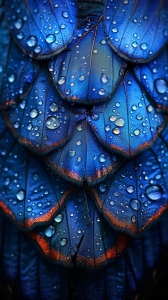 Captivating Close-up: Iridescent Blue Scales Bedecked with Water Droplets