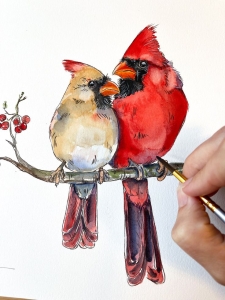 Captivating Watercolor Painting of Cardinals on a Branch