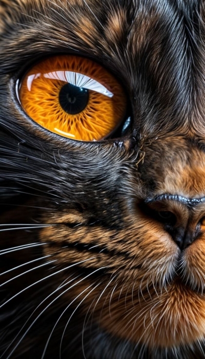 Cat’s Striking Orange Eye and Dark Fur: A Close-Up