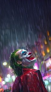 Clown Character Embracing the Rain in a Vibrant City