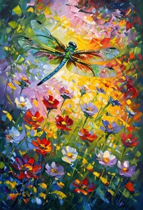 Colorful Dragonfly in Bloom: A Dance Above a Flower Field