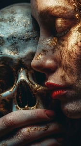 Consciousness Interpreted: A Golden Artistic Blend of Human Features and Skull
