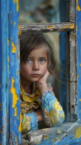 Contemplative Child: A Study in Blue Eyes and Weathered Window Frames