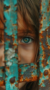 Curiosity Peek: A Child's Eye Amidst Rusted Textures