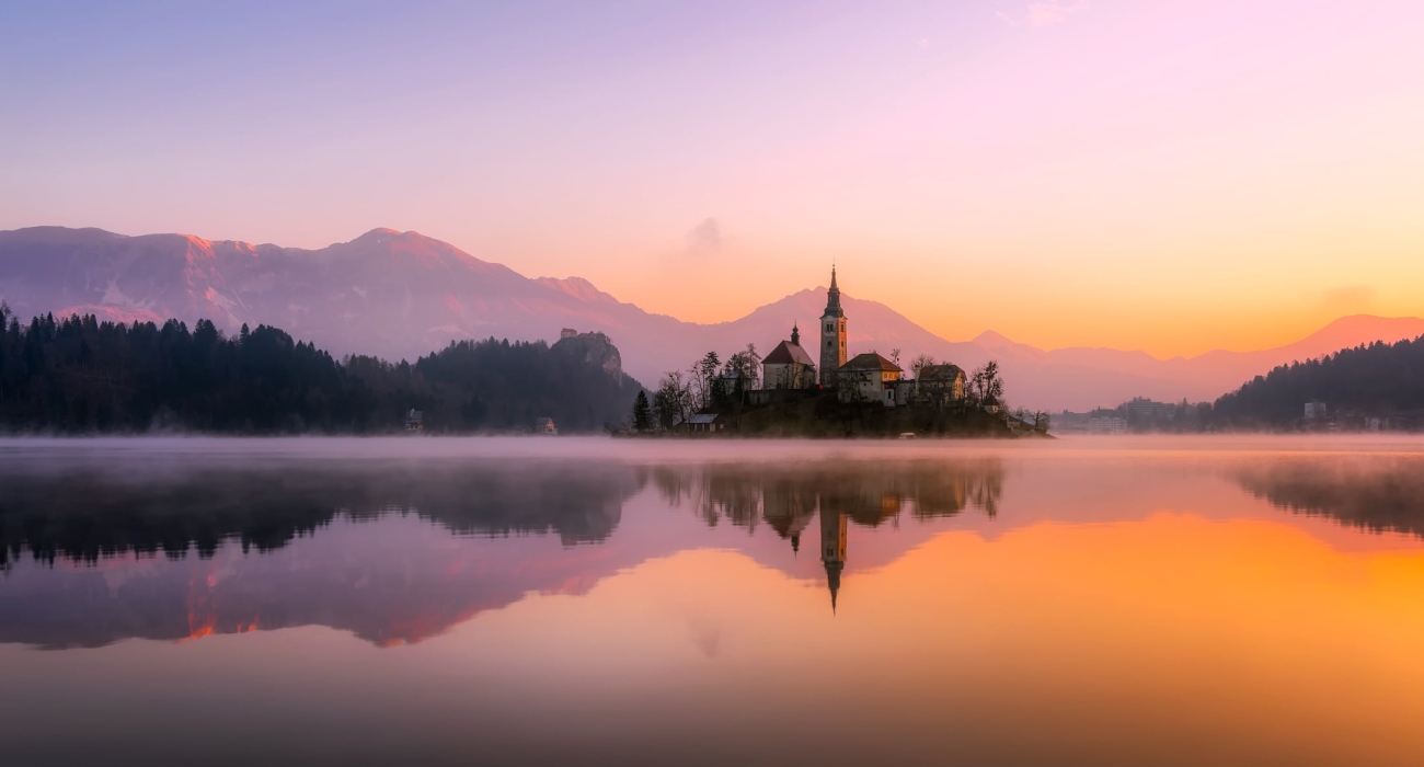 Dawn Break Over Bled, Slovenia: A Tranquil Island Church Panorama