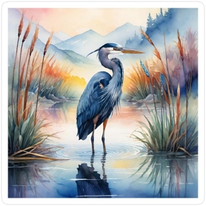 Dawn Serenity: A Watercolor Landscape Featuring a Heron at Sunrise