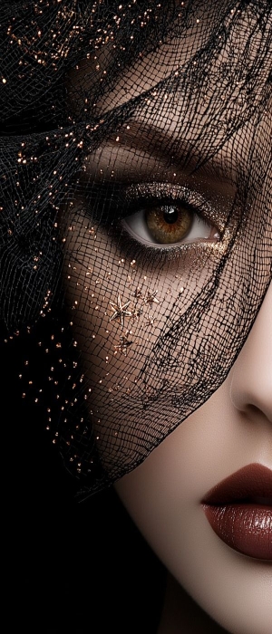 Dramatic Makeup Under Black Lace Veil: A Study of Contrast and Mystery