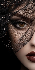 Dramatic Makeup Under Black Lace Veil: A Study of Contrast and Mystery