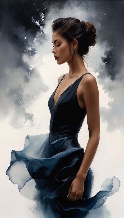 Elegance Amidst the Storm: The Poetic Dance of a Woman in a Flowing Dark Dress