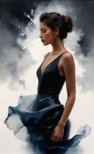 Elegance Amidst the Storm: The Poetic Dance of a Woman in a Flowing Dark Dress