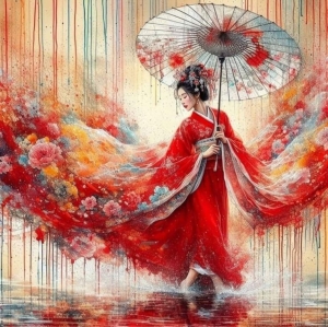 Elegance in Motion: A Woman in a Traditional Red Dress Amidst Vibrant Colors