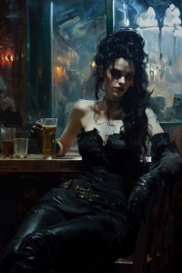 Elegant Woman Enjoying a Drink at a Moody Atmosphere Bar