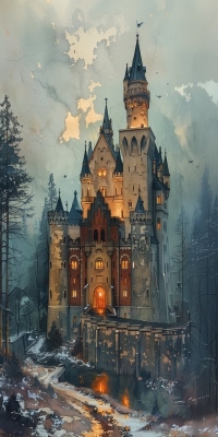 Enchanted Castle Nestled in a Misty Mountain Landscape: A Tale of Fantasy and Architecture