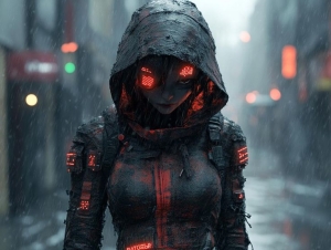 Ethereal Cyberpunk: Unveiling the Enigma in the Rainy Urban Nightscape