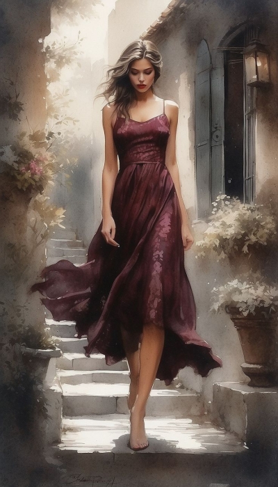 Ethereal Elegance: A Woman in a Burgundy Dress Descending Stairs