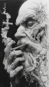 Expressive Illustration of an Elderly Man Engaged in Smoking: Artful Detailing and Dynamic Composition