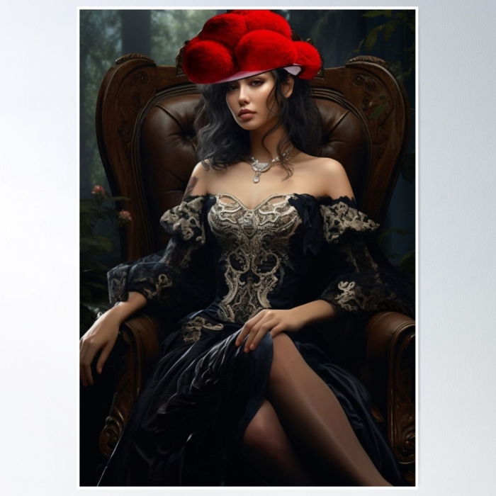 Fashionable Elegance: Woman in Elaborate Black Dress and Striking Red Hat