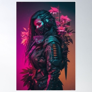 Futuristic Warrior Amidst a Floral Paradise: A Study in Contrast