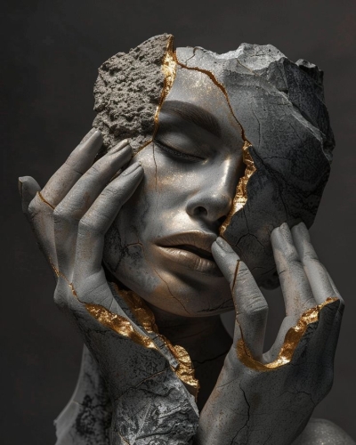 Golden Contemplation: Fragmented Statue of Human Expression