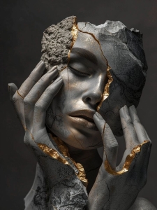 Golden Contemplation: Fragmented Statue of Human Expression