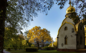Golden Glimmer: Prokhorov's Chapel at Novodevichy Convent Amidst Autumnal Splendour in Moscow, Russia
