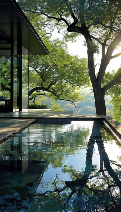 Harmony of Modern Architecture and Nature: A Tranquil Swimming Pool Oasis