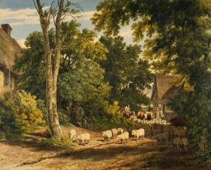 herd of sheep on road painting, Driving Home The Flock, 1812 by Robert Hills