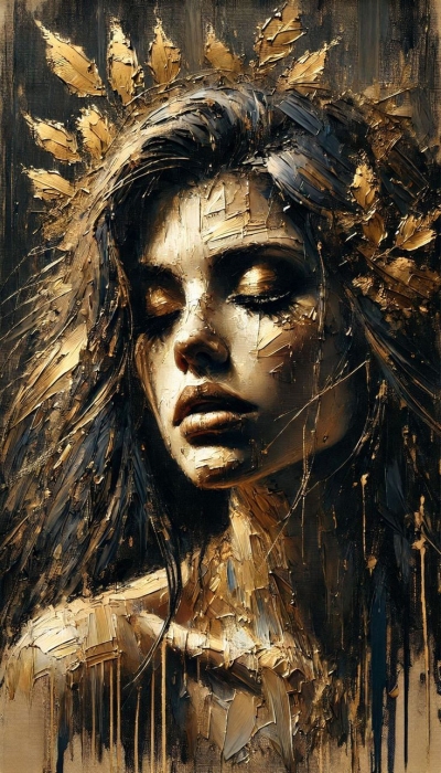 Impressionistic Artistry: A Serene Woman Surrounded by Warmth and Floral Motifs