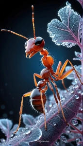 Intricate Details of a Vibrant Ant on a Dew-Kissed Leaf