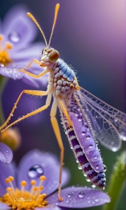 Intricate Insect on a Dew-Kissed Purple Bloom: A Close Examination