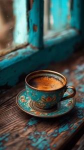 Intricate Turquoise-Gold Decorative Cup and Saucer: A Cozy Beverage Experience