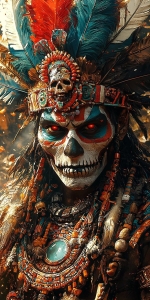 Intricately Adorned Skull Figure: An Enigmatic Blend of Indigenous Rituals and Fantasy