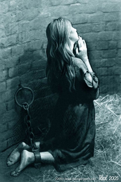 Kneeling Prisoner in Dimly Lit Cell: A Portrayal of Captivity and Desperation